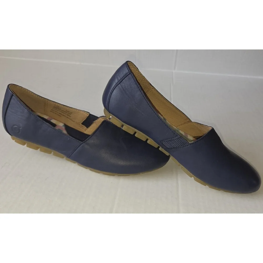 BORN Sebra Leather Flats Size 6.5M Navy Slip On Arch Support Comfort Women
